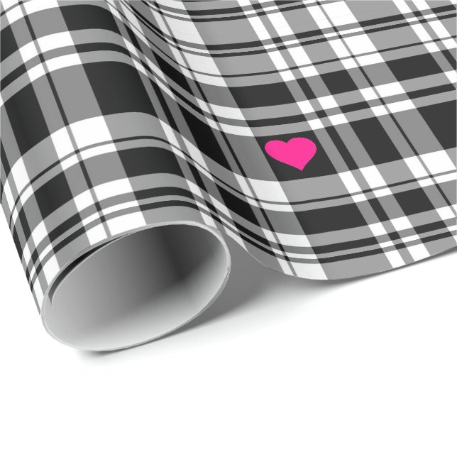 Modern black white plaid pattern, pink hearts  wrapping paper (Roll Corner)