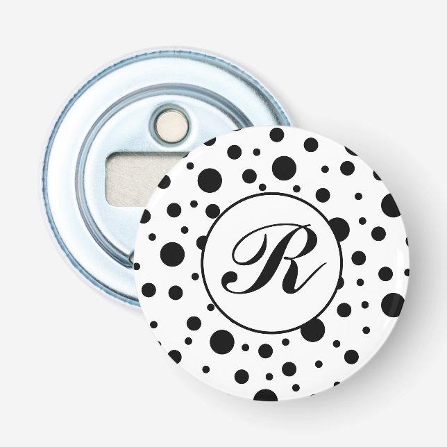 Modern Black White Polka Dot Monogram Bottle Opener (Front)