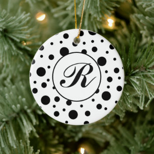Modern Black White Polka Dot Monogram Ceramic Ornament