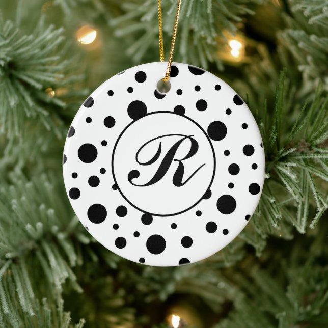 Modern Black White Polka Dot Monogram Ceramic Ornament (Tree)