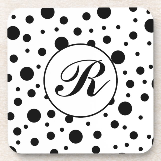 Modern Black White Polka Dot Monogram Coaster (Front)