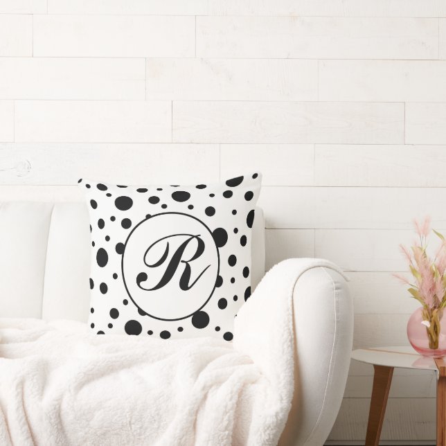 Modern Black White Polka Dot Monogram Cushion (Couch)