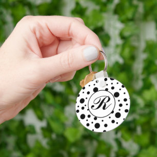 Modern Black White Polka Dot Monogram Key Ring