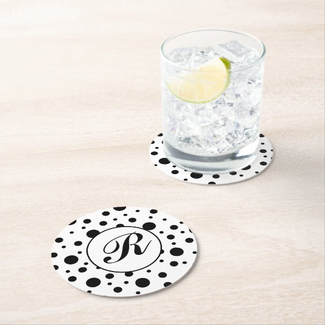Modern Black White Polka Dot Monogram Round Paper Coaster (Insitu)