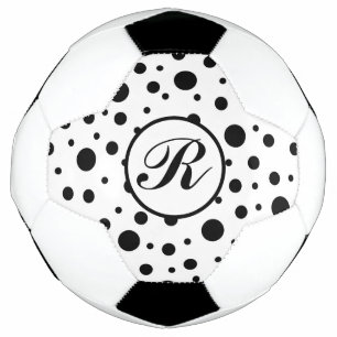 Modern Black White Polka Dot Monogram Soccer Ball