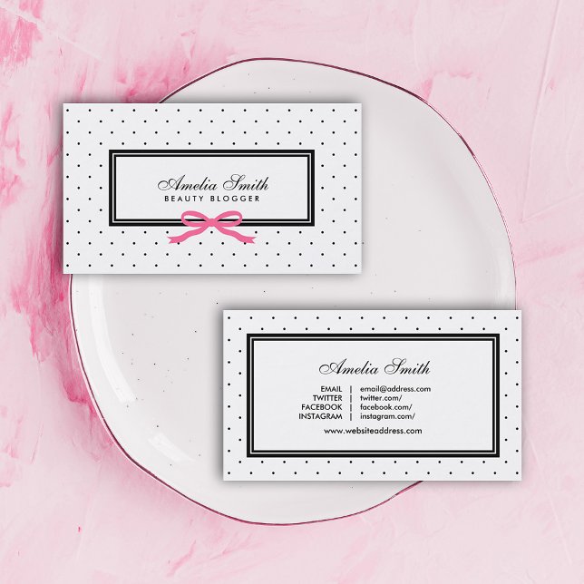 Modern Black White Polka Dot Pink Ribbon Blogger Business Card (Creator Uploaded)