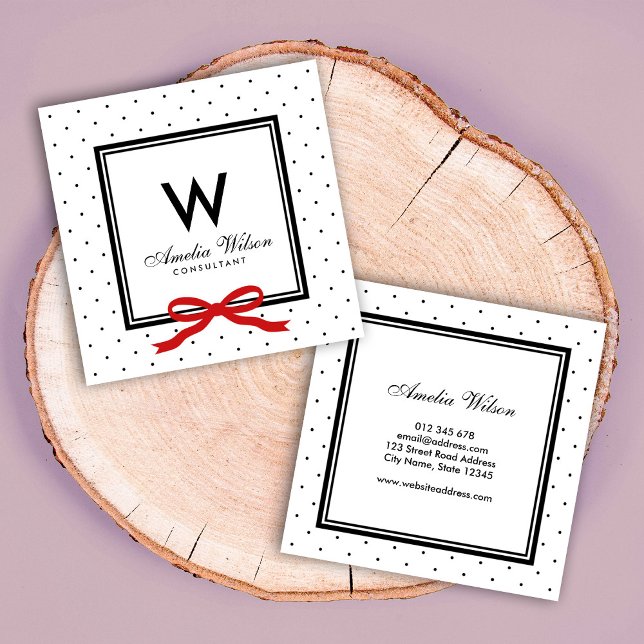 Modern Black White Polka Dot Red Ribbon Monogram Square Business Card (Creator Uploaded)