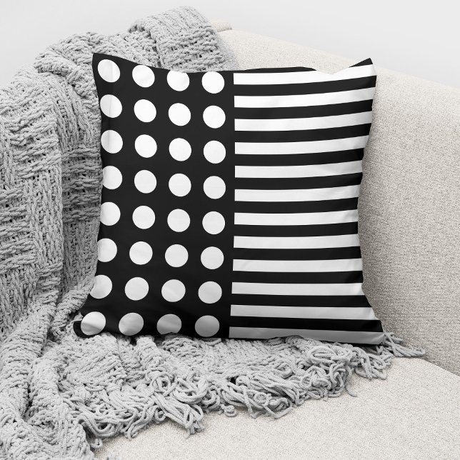 Modern Black White Polka Dots And Stripes Pattern Cushion (Creator Uploaded)