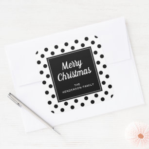 Modern Black White Polka Dots Merry Christmas Square Sticker