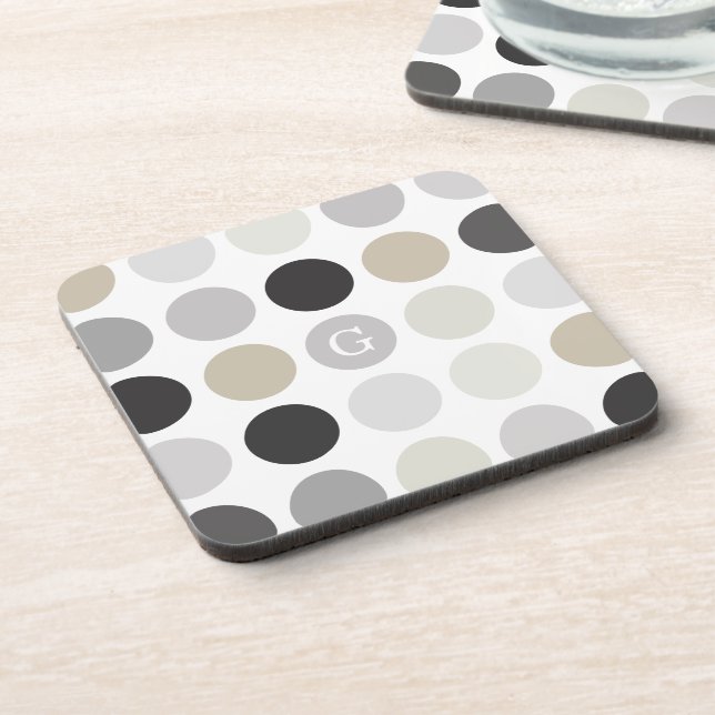 Modern black white polka dots pattern monogram coaster (Left Side)