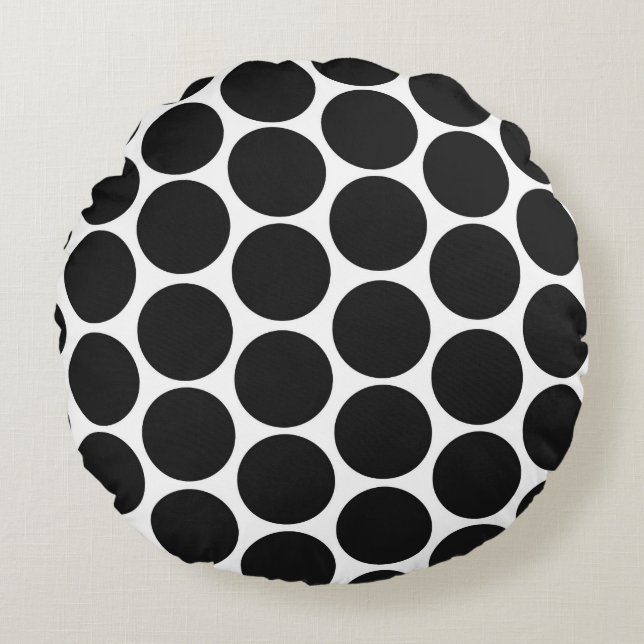 MODERN BLACK, WHITE POLKA DOTS ROUND CUSHION (Front)