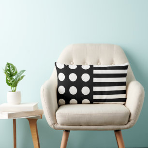 Modern Black White Polka Dots & Stripes Pattern Lumbar Cushion