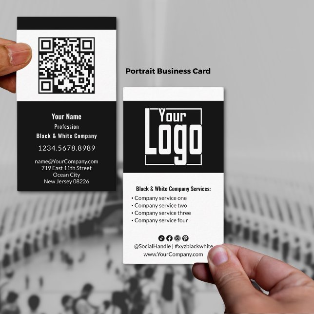 Modern Black & White Portrait Business Card (Modern Black & White Portrait Business Card, Logo, QR code, Service List, Social)