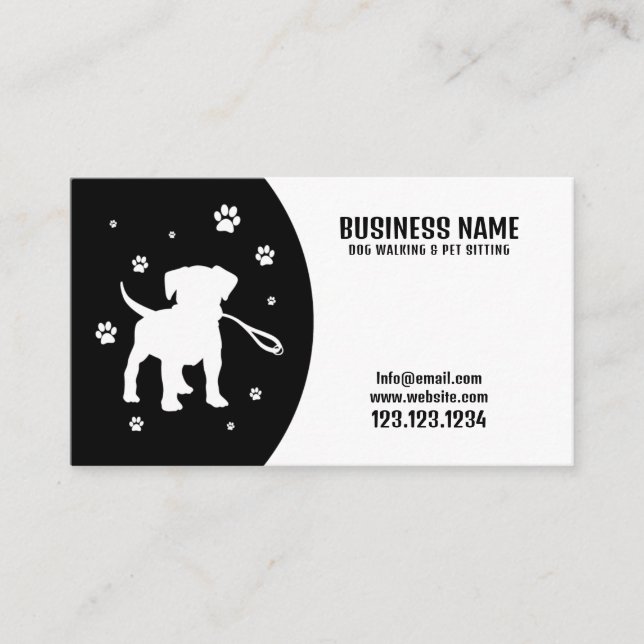 Modern Black & White Puppy Silhouette Dog Walking Business Card (Front)