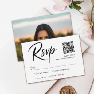 Modern Black White QR Code Reply Quince Script RSVP Card