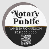 Modern Black White QR Code Scannable Notary Round Car Magnet (Front)