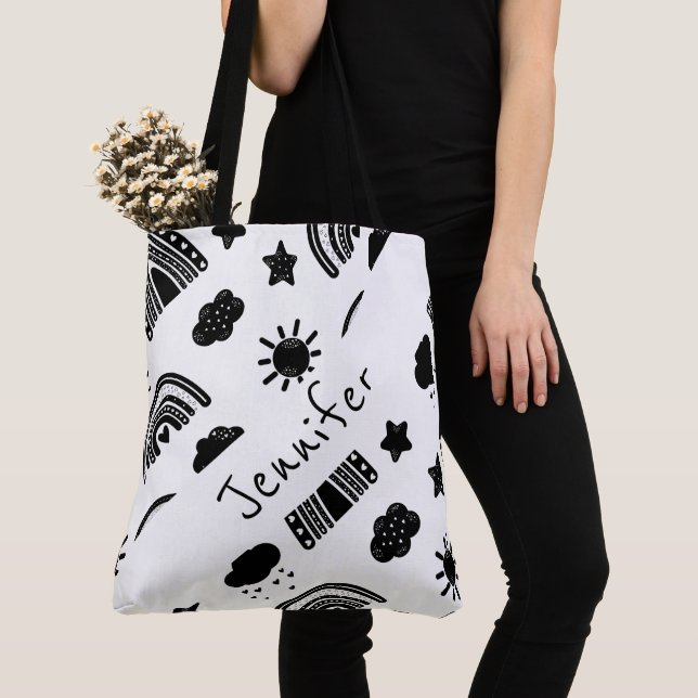 Modern Black White Rainbow Trendy Name Monogram Tote Bag (Close Up)