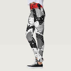 Modern Black White & Red Abstract Geometric Art Leggings