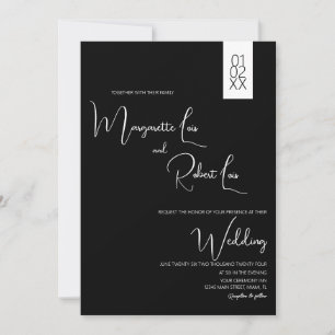 Modern Black White Ribbon Script Wedding Invitation