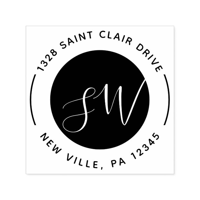 Modern Black White Round Monogram Script Self-inking Stamp (Design)