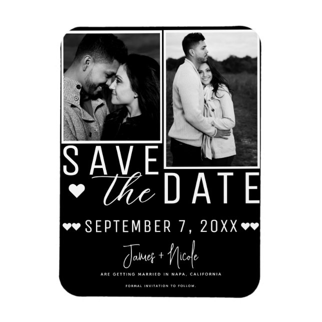 Modern Black & White Save the Date 2 Photo Wedding Magnet (Vertical)