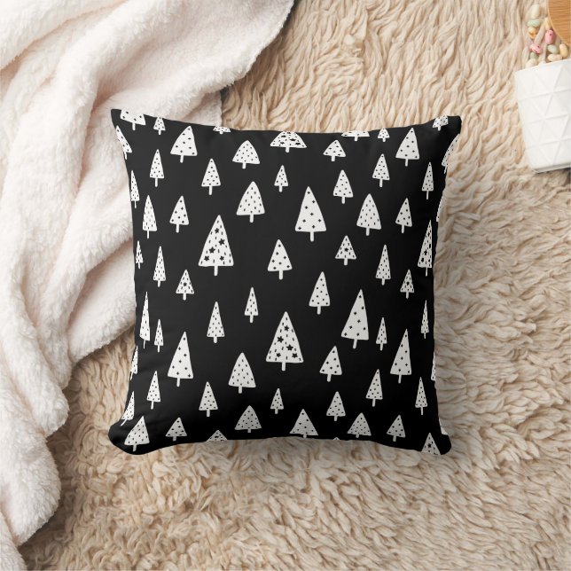 Modern Black & White Scandinavian Christmas Trees Cushion (Blanket)