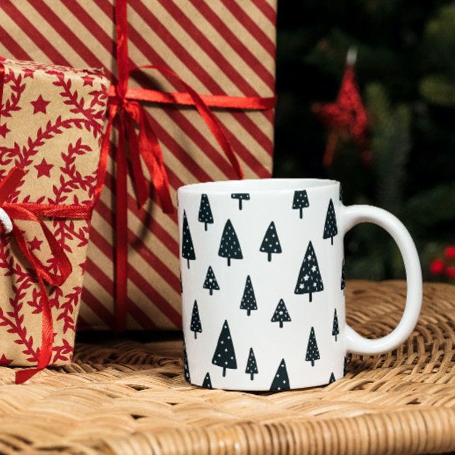 Modern Black & White Scandinavian Christmas Trees Two-Tone Coffee Mug (Creator Uploaded)