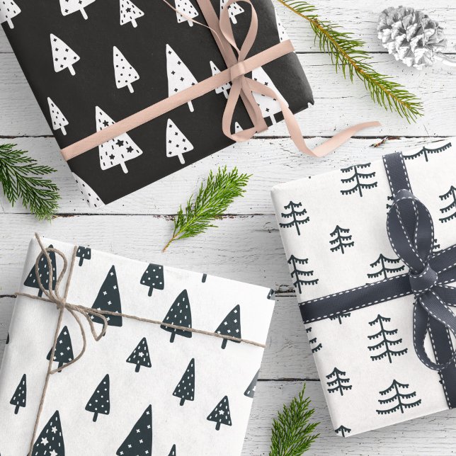 Modern Black & White Scandinavian Christmas Trees Wrapping Paper Sheet (Creator Uploaded)