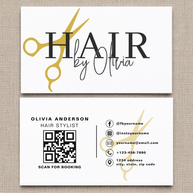 Modern Black White Scissors QR Code Hair Stylist  Business Card (Creator Uploaded)