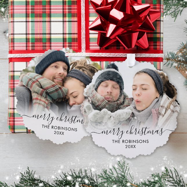 Modern Black White Script 2 Couple Photo Christmas Tree Decoration Card (Creator Uploaded)