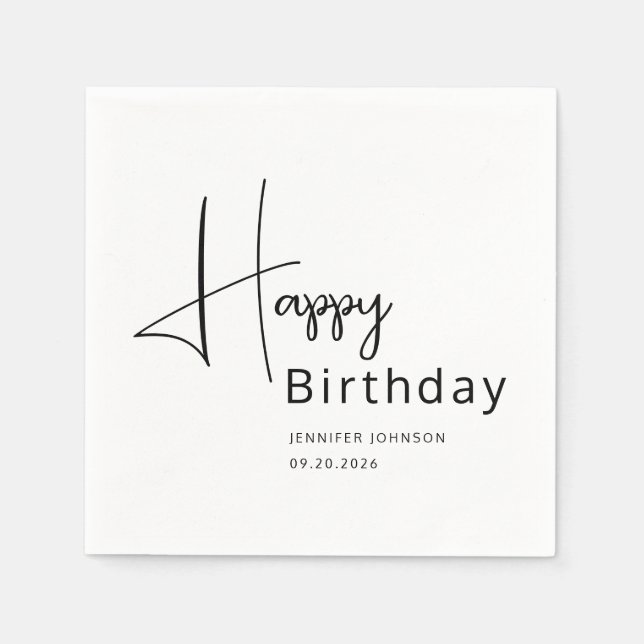 Modern Black & White Script Birthday Napkin (Front)