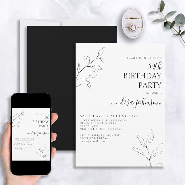 Modern Black White Script Botanical 50th Birthday Invitation (Creator Uploaded)