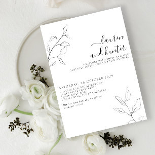 Modern Black White Script Botanical Wedding  Invitation
