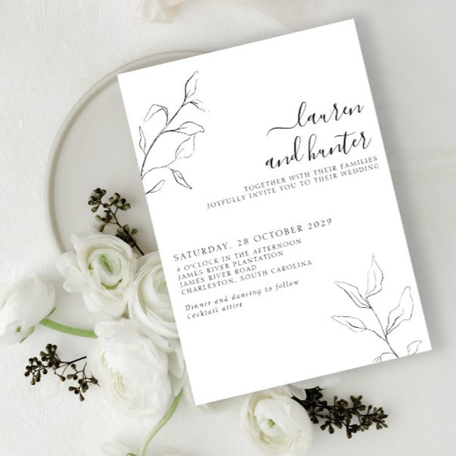 Modern Black White Script Botanical Wedding  Invitation (Creator Uploaded)
