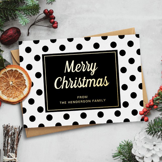 Modern Black White Script Christmas Gold Foil Holiday Card (Modern Black White Polka Dots Merry Christmas Gold Foil Holiday Card)