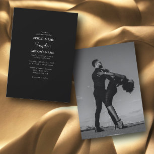 Modern Black & White Script Couple Photo Wedding Invitation