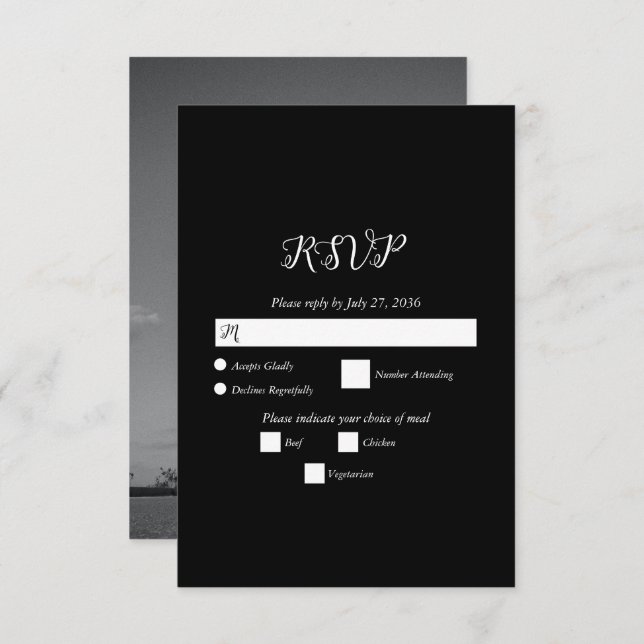 Modern Black & White Script Couple Photo Wedding RSVP Card (Front/Back)