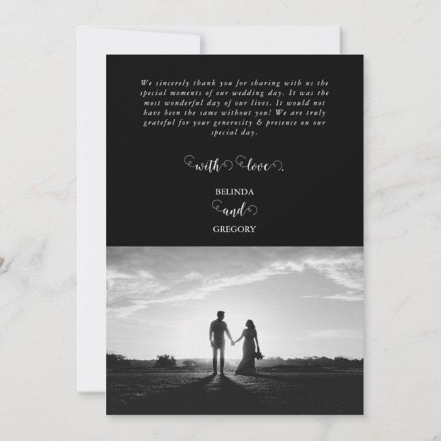 Modern Black & White Script Couple Photo Wedding Thank You Card (Back)