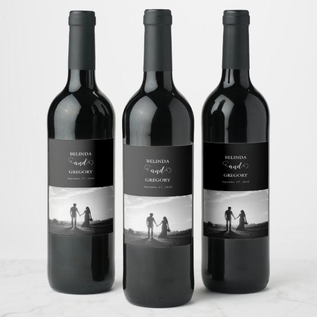 Modern Black & White Script Couple Photo Wedding Wine Label (Bottles)