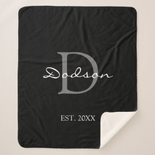 Modern Black White Script Family Monogram Name Sherpa Blanket