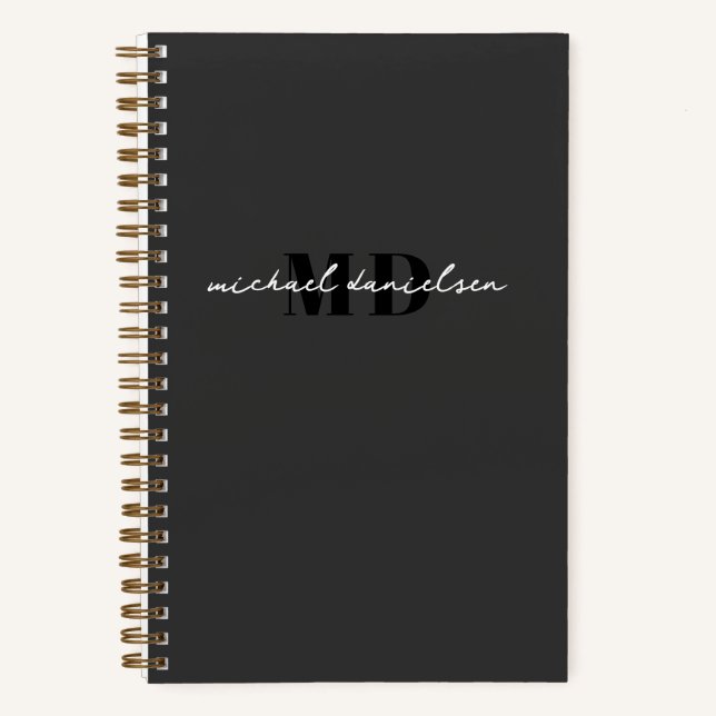 Modern Black & White Script Initial Monogram Luxe Notebook (Front)
