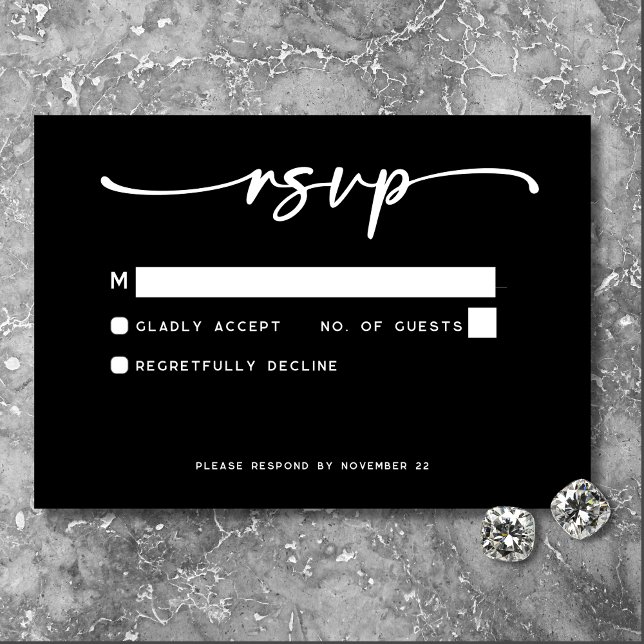 Modern Black White Script Minimal Wedding RSVP Card (Modern Black White Script Photo Wedding No Dinner RSVP Card)