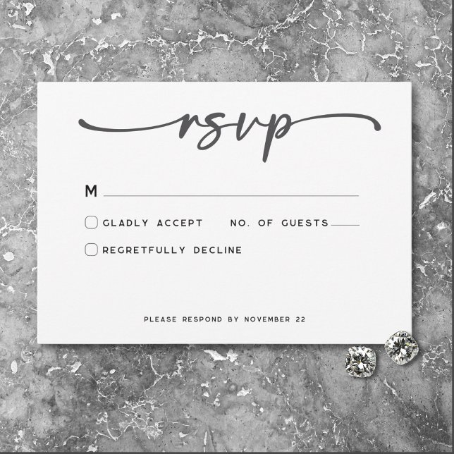 Modern Black White Script Minimal Wedding RSVP Card (Modern Black White Script Photo Wedding No Dinner RSVP Card)