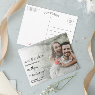 Modern Black & White Script Minimalistic Photo Announcement Postcard