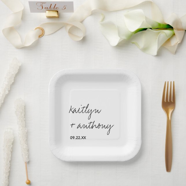 Modern Black & White Script Minimalistic Wedding Paper Plate (Wedding)