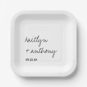 Modern Black & White Script Minimalistic Wedding Paper Plate