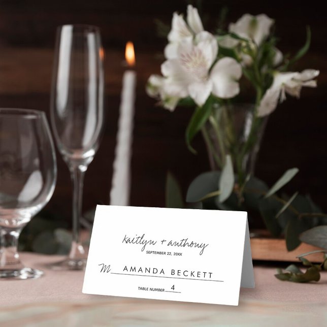 Modern Black & White Script Minimalistic Wedding Place Card (Creator Uploaded)