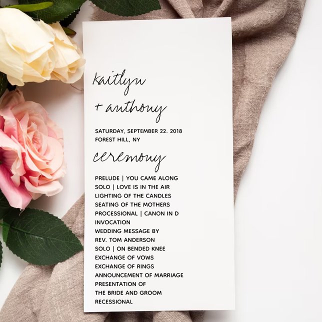 Modern Black & White Script Minimalistic Wedding Program (Creator Uploaded)