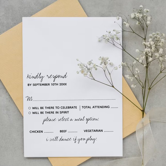 Modern Black & White Script Minimalistic Wedding RSVP Card (Creator Uploaded)
