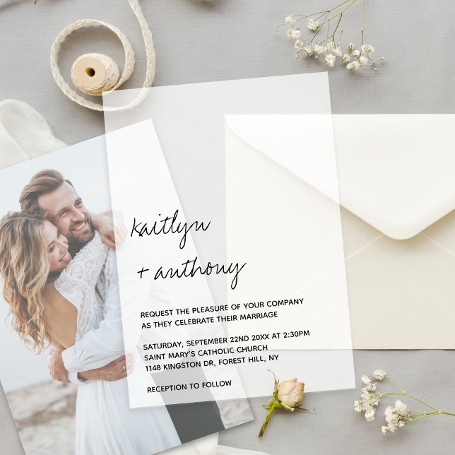 Modern Black & White Script Minimalistic Wedding Vellum Invitations (Creator Uploaded)